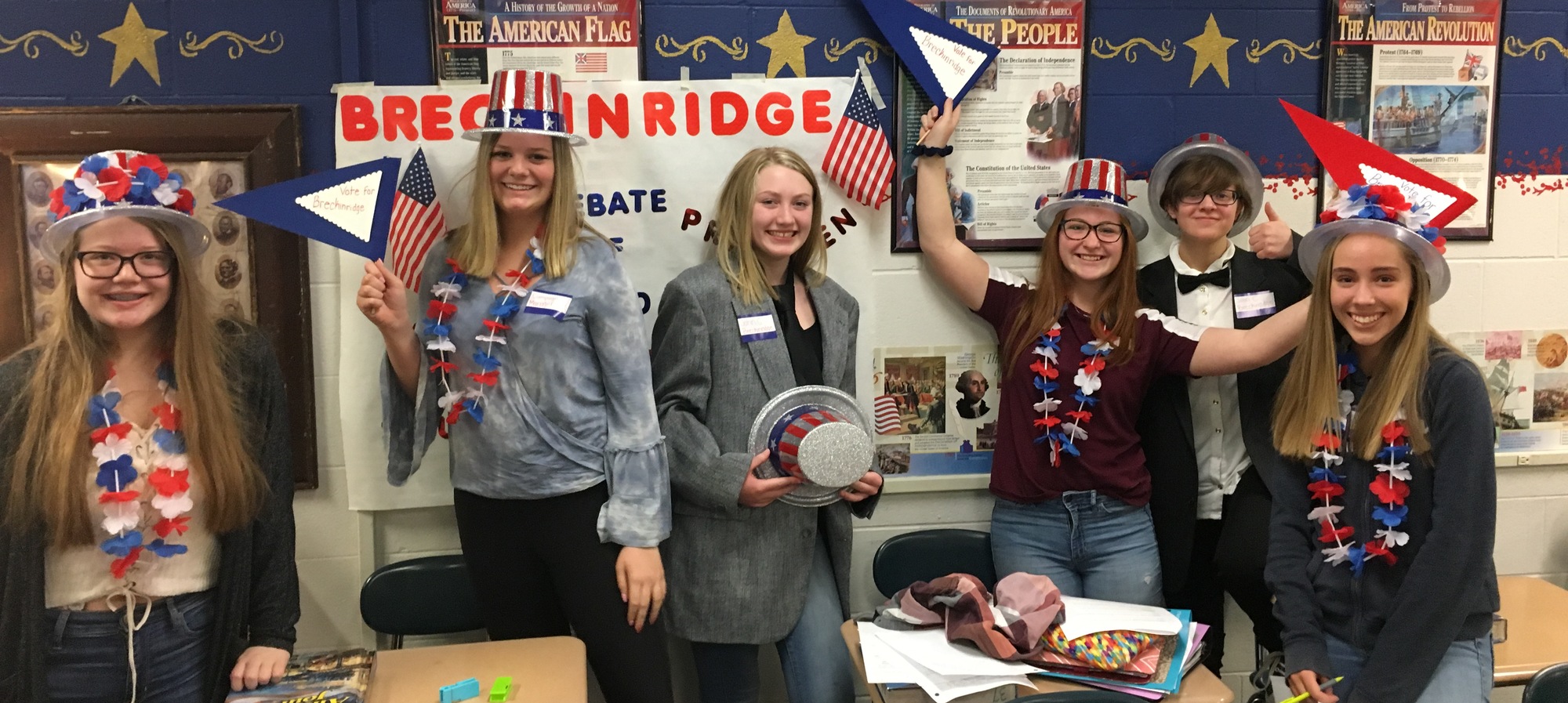 Students in red, white, and blue for 1860 election reenactment for social studies class