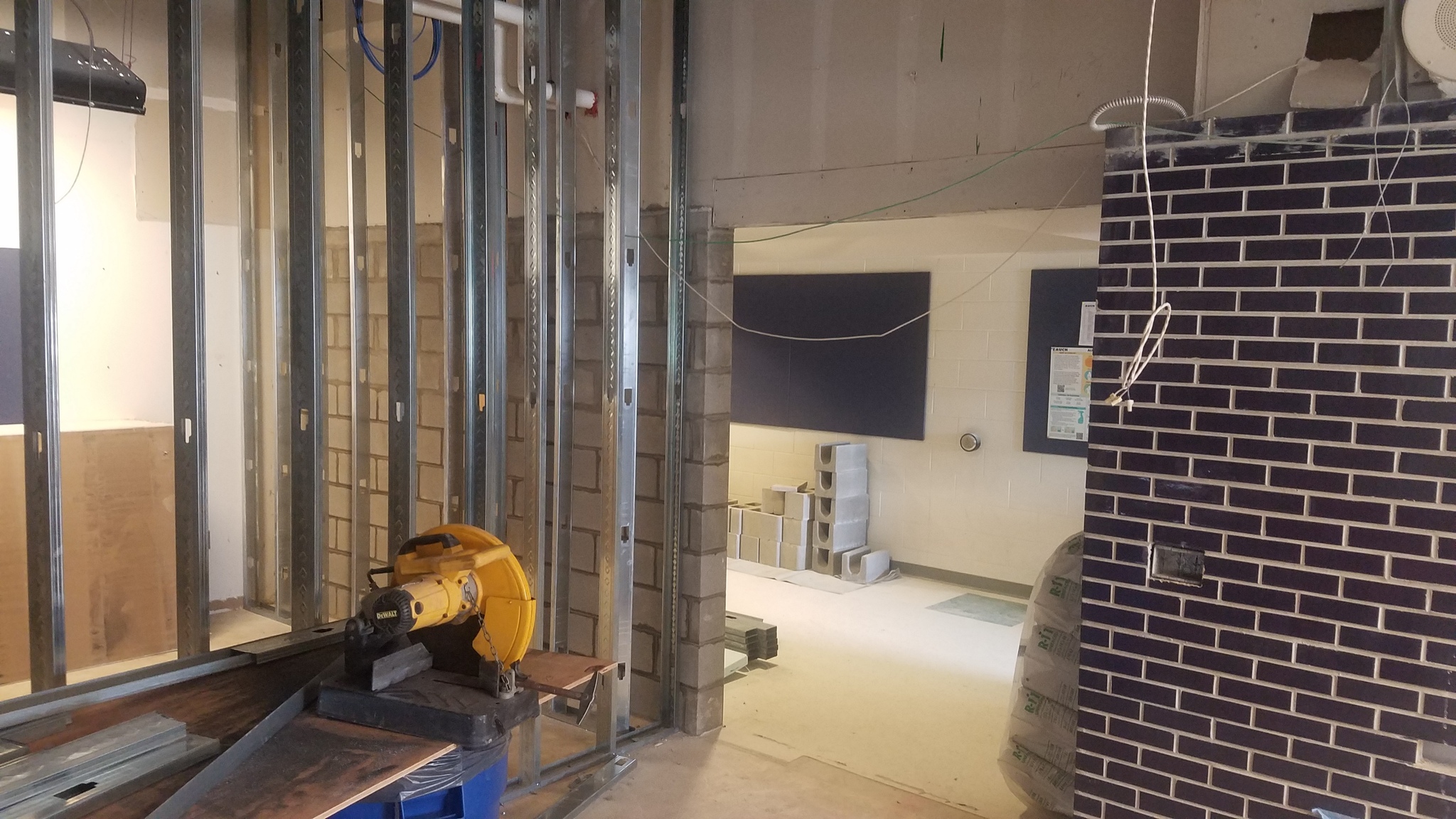 View of wall construction with new entry way