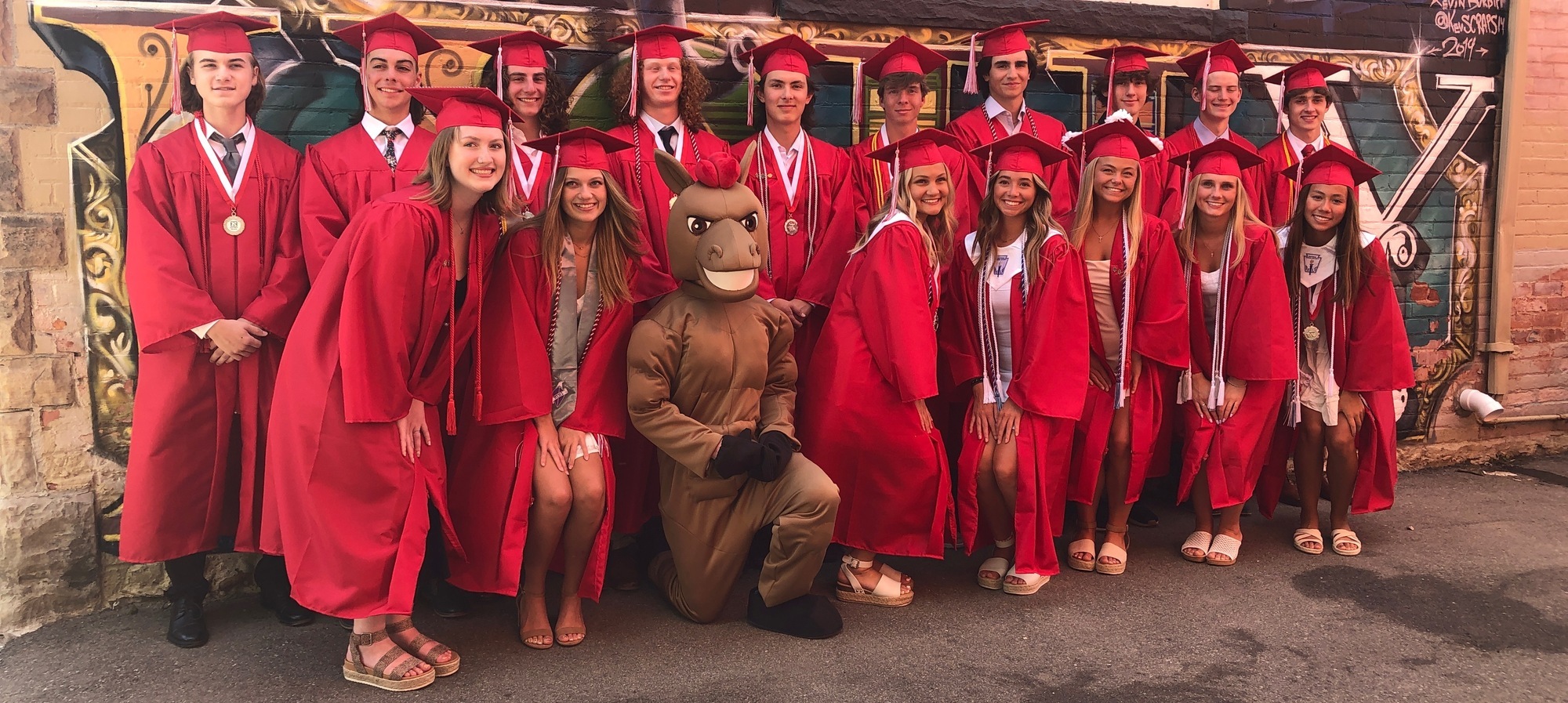 Group of Graduating Seniors in downtown Holly with Snorty