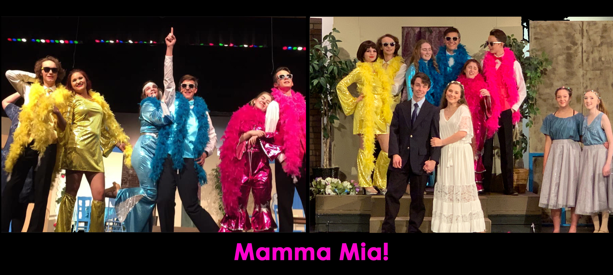 Cast members from the musical mamma mia posing.
