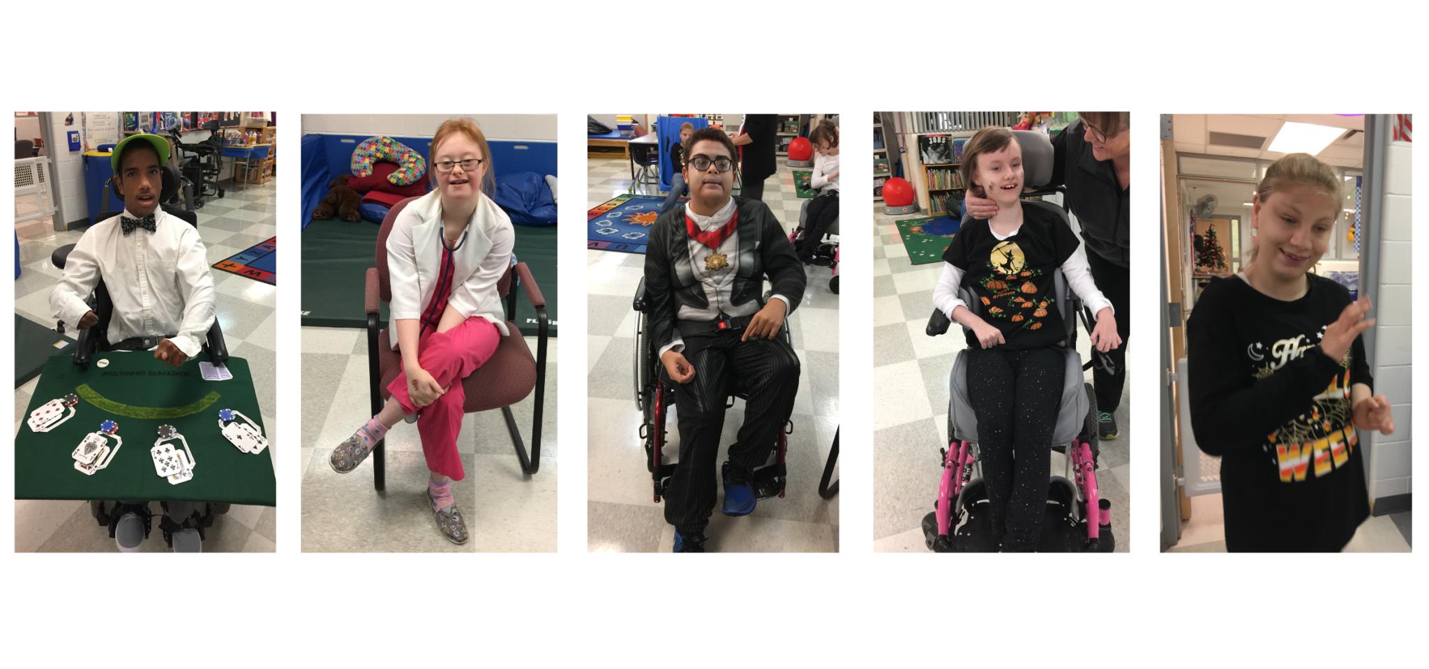 Students in Mrs. Cartners Class - casino dealer, doctor, dracula, two girls in halloween shirts