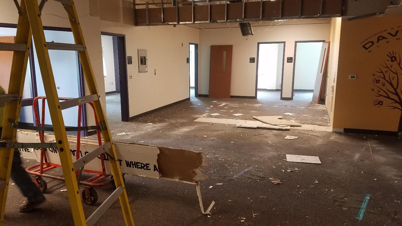 Office area showing demolition of old materials
