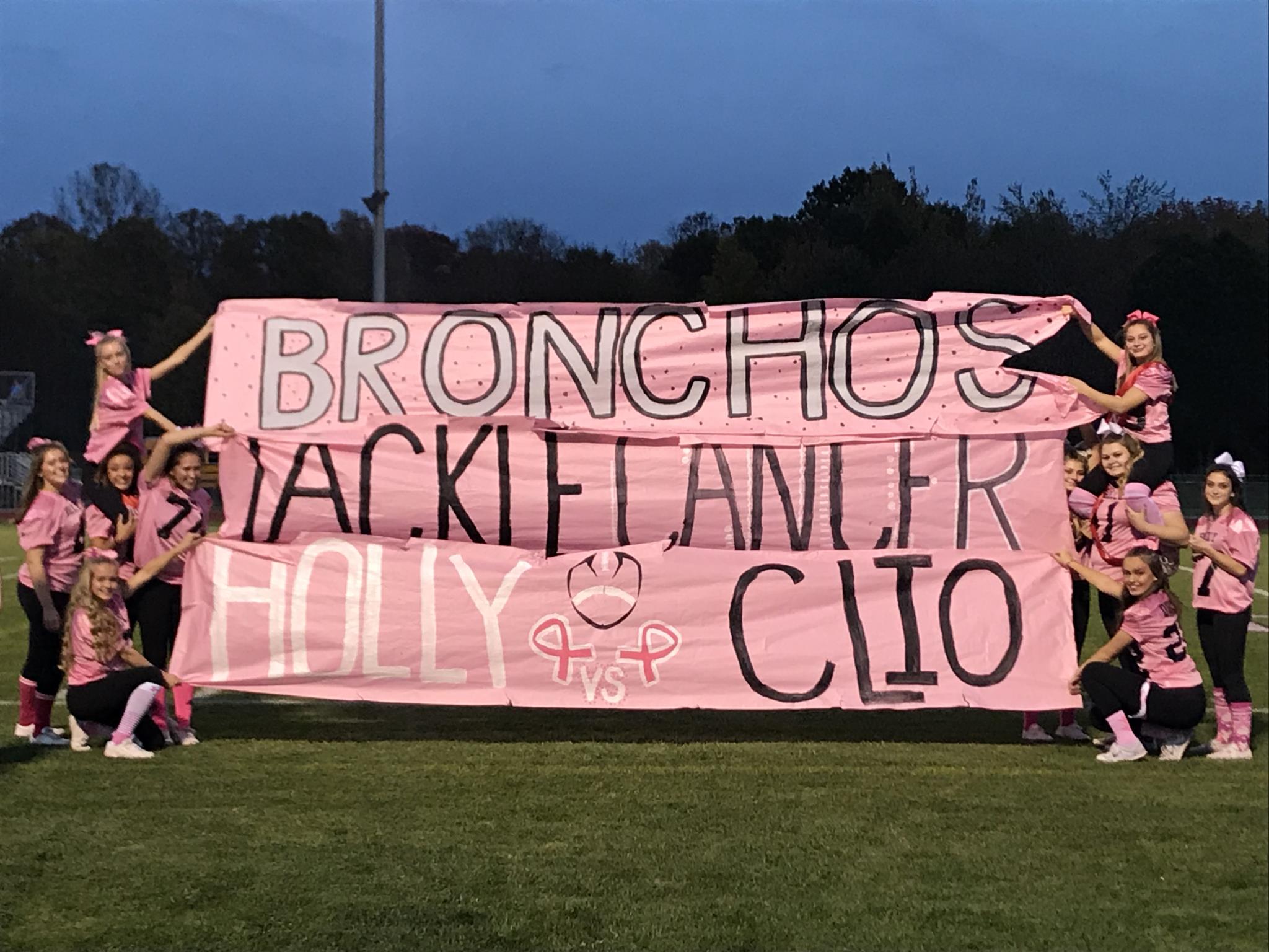 Banner at the pink game - Bronchos Tackle Cancer Holly vs Clio