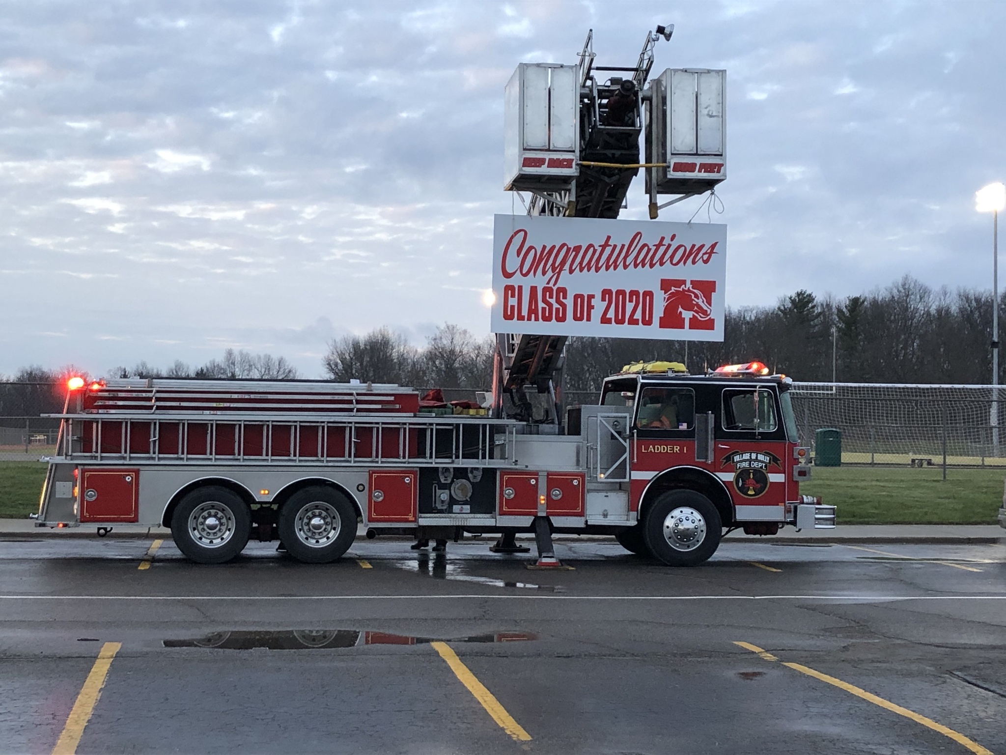 Fire truck with sign - congratulations class of 2020