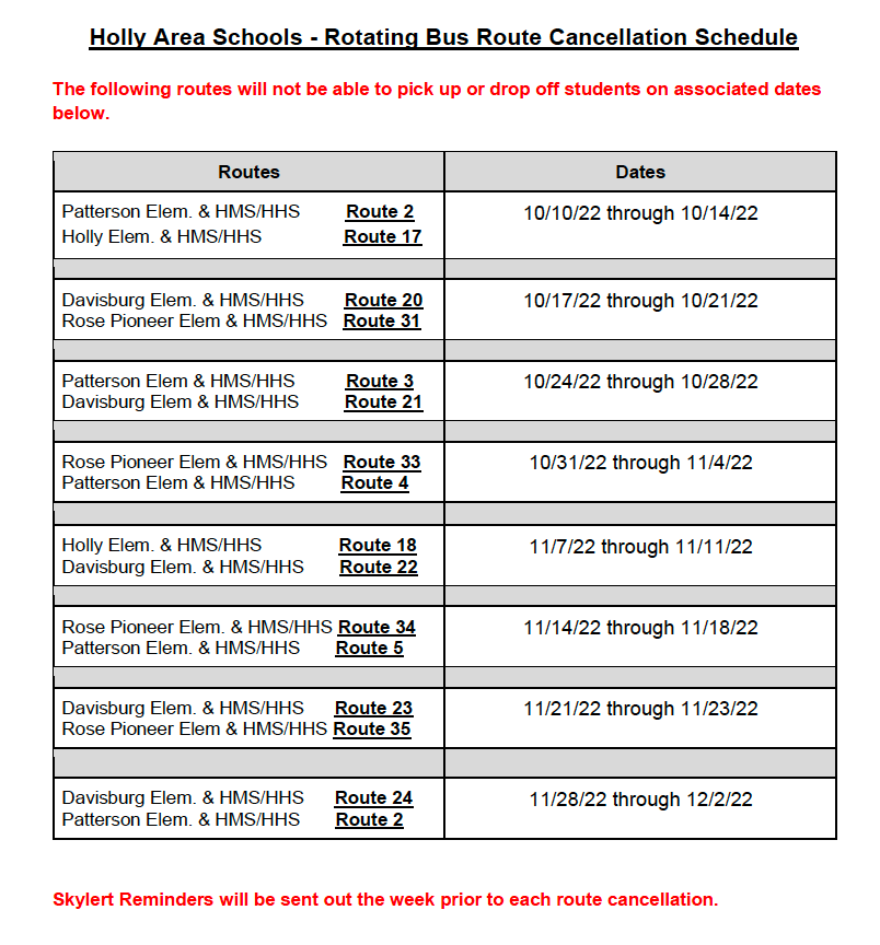 Rotating Bus Route Cancellation Schedule