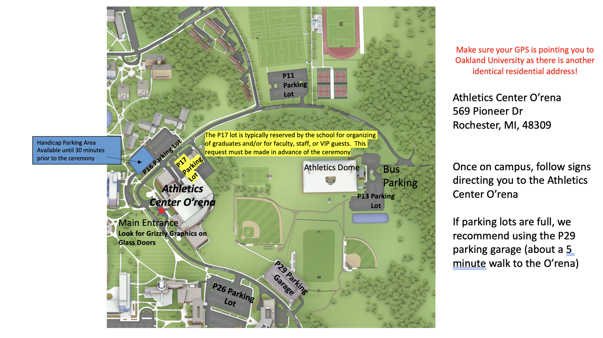 Parking diagram for HHS commencement ceremony at Oakland University